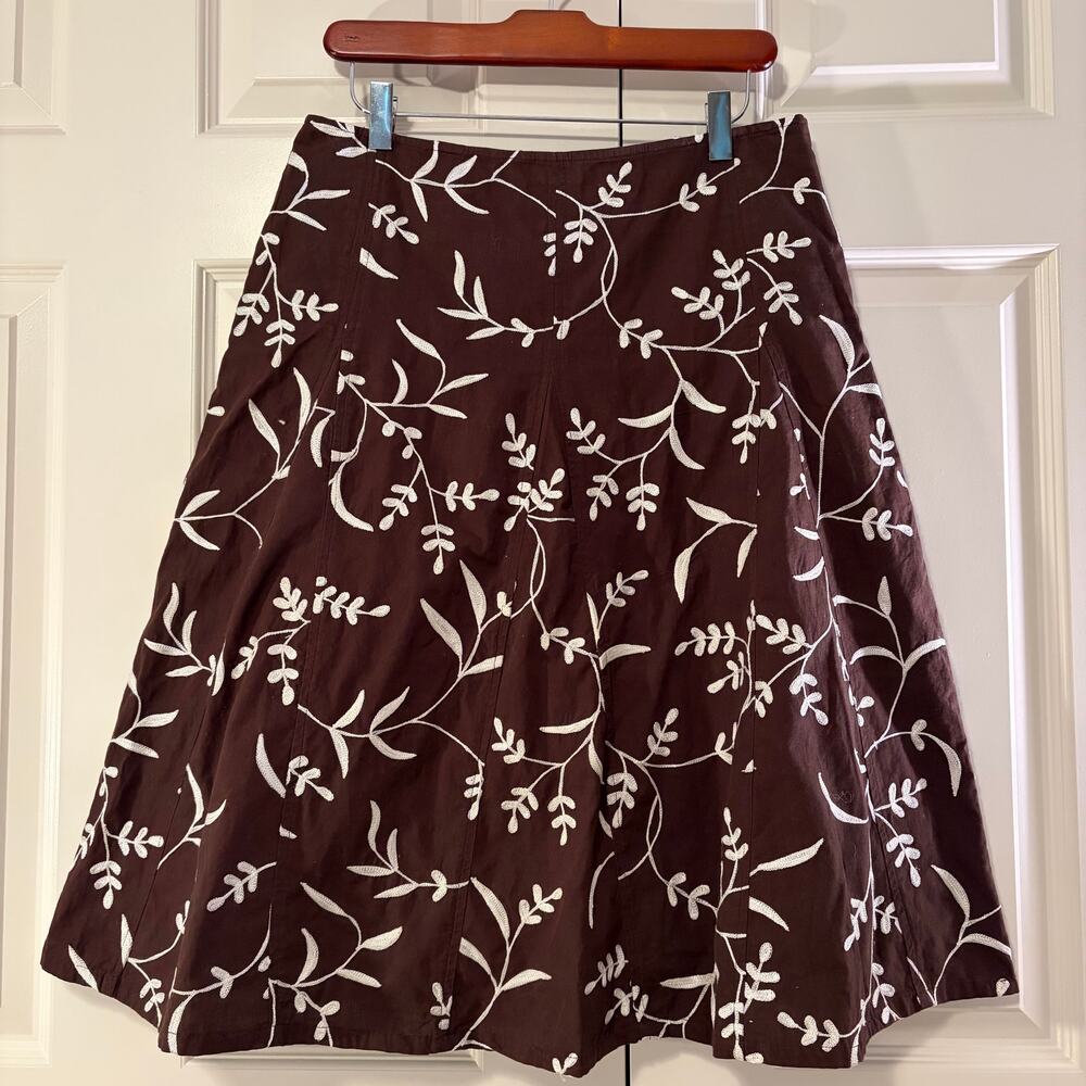Jones New York Embroidered Botanical Brown White Swing Skirt Womens 6